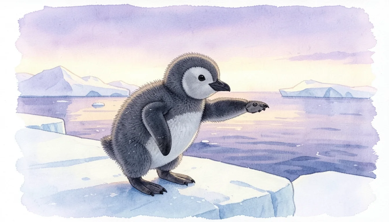 The Penguin Chick Waiting in a Storm of Feathers